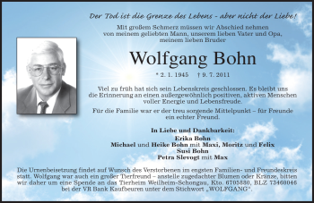 Todesanzeige von Wolfgang Bohn von MERKUR & TZ