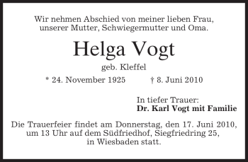 Todesanzeige von Helga Vogt von MERKUR & TZ