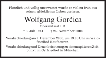 Todesanzeige von Wolfgang Gorcica von MERKUR & TZ