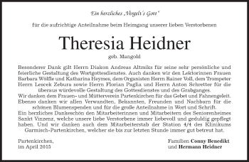 Todesanzeige von Theresia  Heidner von merkurtz