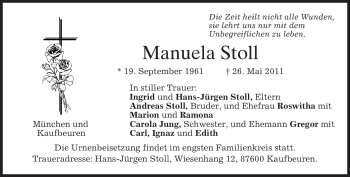 Todesanzeige von Manuela Stoll von MERKUR & TZ