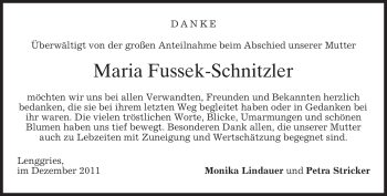 Todesanzeige von Maria Fussek-Schnitzler von MERKUR & TZ