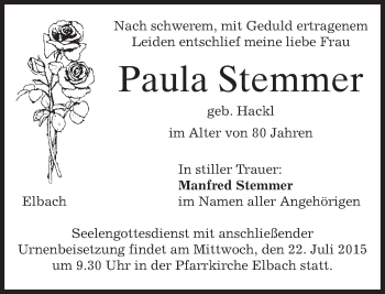 Todesanzeige von Paula Stemmer von merkurtz