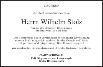 Todesanzeige von Wilhelm Stolz von merkurtz