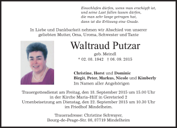 Todesanzeige von Waltraud Putzar 