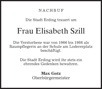 Todesanzeige von Elisabeth Szill 