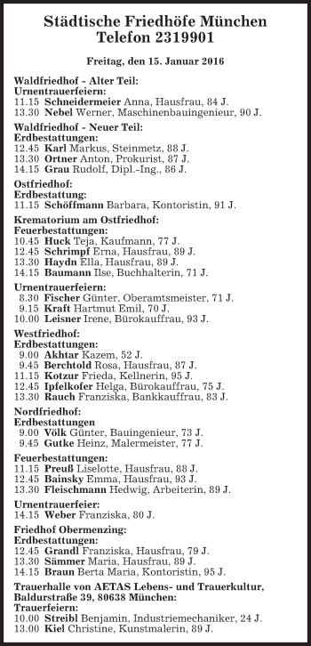 Todesanzeige von Bestattungen vom 15.01.2016 