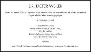 Todesanzeige von Dieter Weiler 