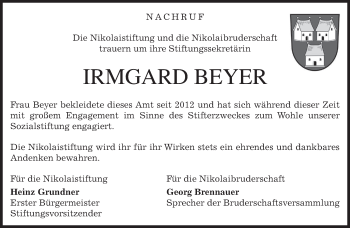 Todesanzeige von Irmgard Beyer von merkurtz