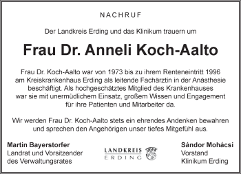 Todesanzeige von Anneli Koch-Aalto von merkurtz