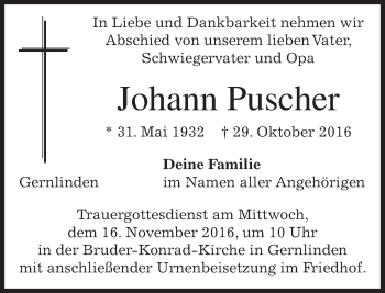 Todesanzeige von Johann Puscher von merkurtz