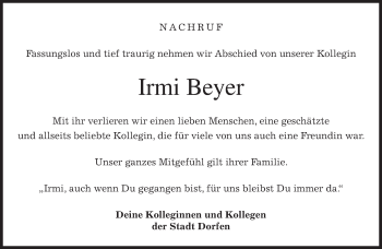 Todesanzeige von Irmgard Beyer von merkurtz