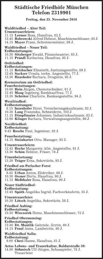 Todesanzeige von Bestattungen vom 25.11.2016 von merkurtz