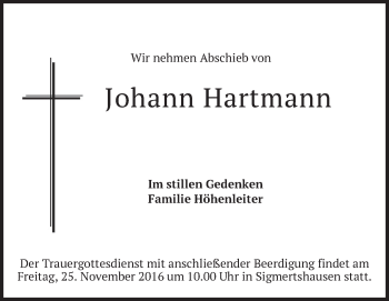 Todesanzeige von Johann Hartmann von merkurtz