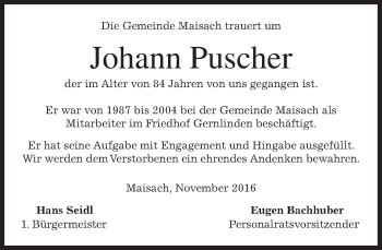 Todesanzeige von Johann Puscher von merkurtz