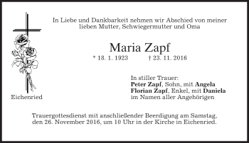 Todesanzeige von Maria Zapf von merkurtz