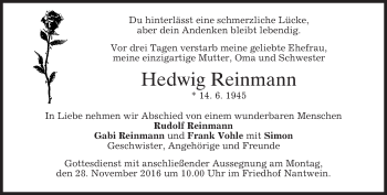 Todesanzeige von Hedwig Reinmann von merkurtz