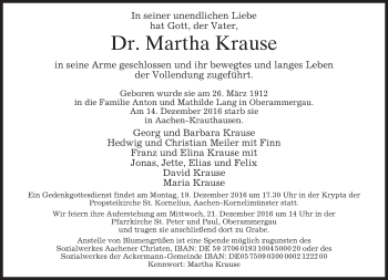 Todesanzeige von Martha Krause von merkurtz