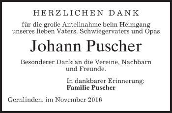 Todesanzeige von Johann Puscher von merkurtz