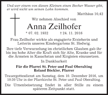 Todesanzeige von Anna Zeilhofer von merkurtz