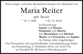 Todesanzeige von Maria Reiter von merkurtz