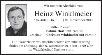 Todesanzeige von Heinz Winklmeier von merkurtz