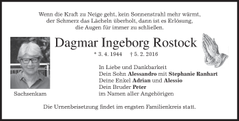 Todesanzeige von Dagmar Ingeborg Rostock von merkurtz