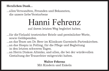 Todesanzeige von Hanni Fehrenz von merkurtz