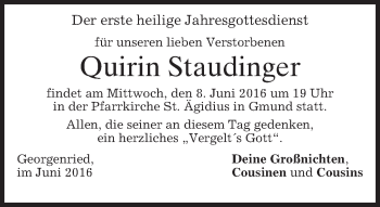 Todesanzeige von Quirin Staudinger von merkurtz