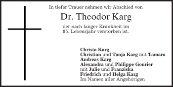 Todesanzeige von Theodor Karg von merkurtz