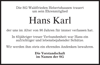 Todesanzeige von Hans Karl von merkurtz