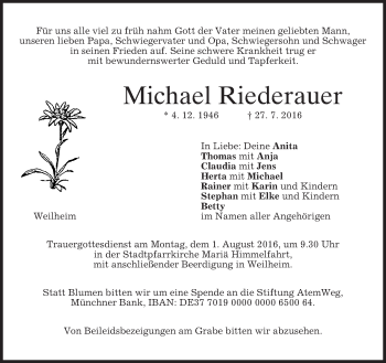 Todesanzeige von Michael Riederauer von merkurtz