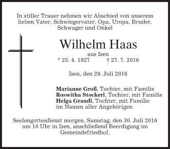 Todesanzeige von Wilhelm Haas von merkurtz
