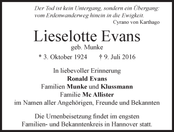 Todesanzeige von Lieselotte Evans von merkurtz