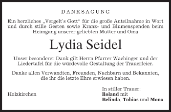 Todesanzeige von Lydia Seidel von merkurtz