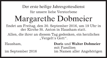 Todesanzeige von Margarethe Dobmeier von merkurtz