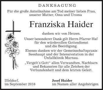 Todesanzeige von Franziska Haider von merkurtz