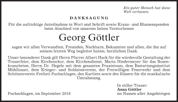 Todesanzeige von Georg Göttler von merkurtz