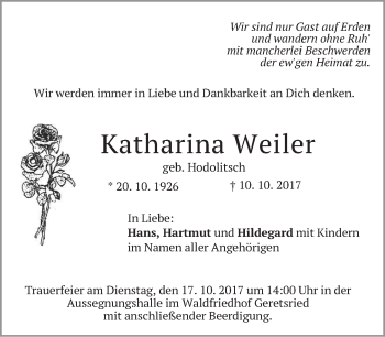 Todesanzeige von Katharina Weiler von merkurtz