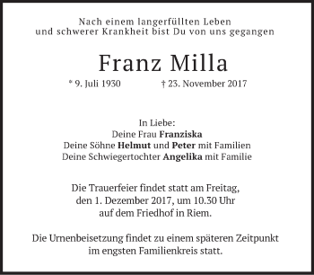 Todesanzeige von Franz Milla von merkurtz