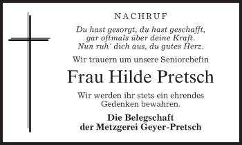 Todesanzeige von Hilde Pretsch von merkurtz