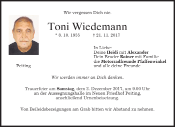 Todesanzeige von Toni Wiedemann von merkurtz