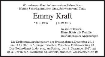 Todesanzeige von Emmy Kraft von merkurtz