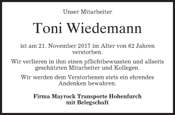 Todesanzeige von Toni Wiedemann von merkurtz