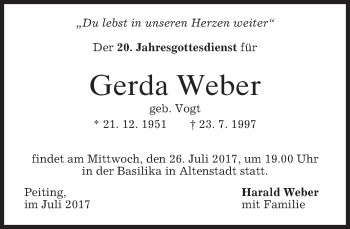 Todesanzeige von Gerda Weber von merkurtz