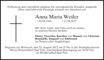 Todesanzeige von Anna Maria Weiler von merkurtz