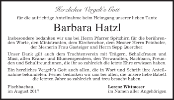 Todesanzeige von Barbara Hatzl von merkurtz