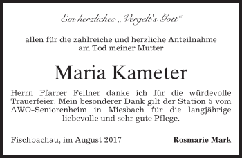 Todesanzeige von Maria Kameter von merkurtz