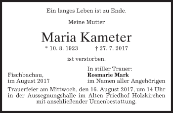 Todesanzeige von Maria Kameter von merkurtz