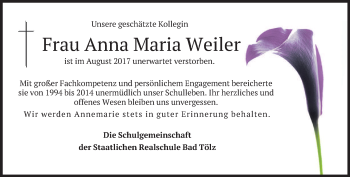 Todesanzeige von Anna Maria Weiler von merkurtz